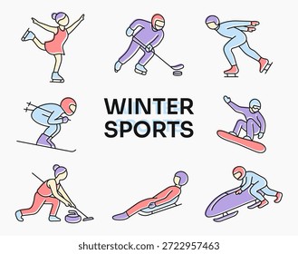 Una colorida colección de Ilustraciones vectoriales que representan deportes y actividades invernales populares. El conjunto incluye atletas que realizan patinaje artístico, hockey sobre hielo, patinaje de velocidad, esquí, snowboard, curling, luge y bobsleigh. Diseñado en un estilo de dibujos animados limpio, dibujado a mano, con contornos audaces y colores pastel suaves. Perfecto para infografías deportivas, materiales educativos, carteles, Sitios web o proyectos de diseño de viajes relacionados con el Ocio invernal y la competencia. Archivo de Vector EPS 10 totalmente editable, escalable sin pérdida de calidad.