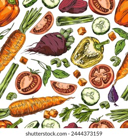 A colorful collection of vegetable sketches, showcasing a variety of fresh produce in a detailed vector pattern, great for culinary designs.