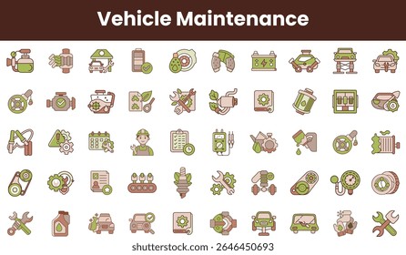 A colorful collection of vehicle maintenance icons featuring tools, oil changes, inspections, and service symbols, perfect for automotive professionals or enthusiasts.