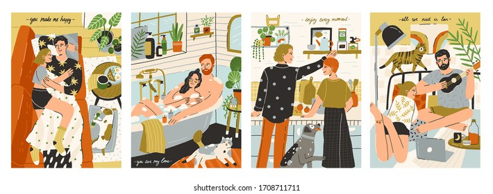 Colorful collection of vertical greeting cards for Valentine's day. Cute couples spending time together at home. Young family relaxing, cooking and taking bath. Romantic posters. Vector illustration