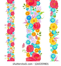 colorful collection of vertical seamless borders with meadow flowers 