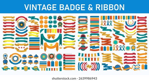 A colorful collection of vintage badges and ribbons. Includes various shapes and styles for labels, tags, awards, and banners. Perfect for decorative design use