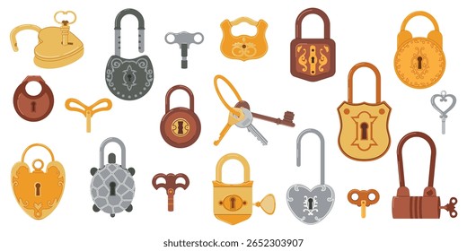 Colorful collection of vintage padlocks and keys. Perfect for fairy tale designs, escape room themes, or romantic concepts.