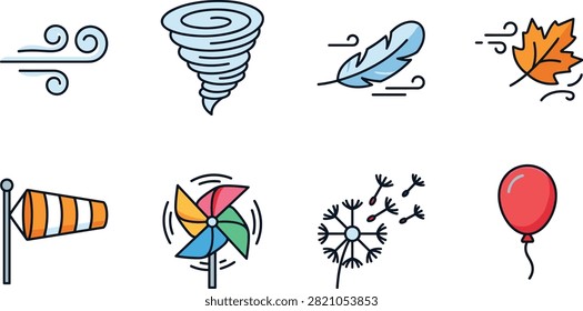 A colorful collection of wind and weather-related vector illustrations including gusty wind, a tornado, a blowing feather, an autumn leaf, a windsock, a pinwheel, a dandelion with seeds, and a red balloon. Perfect for meteorology apps, weather forecasting websites, educational materials, and environmental graphics.A colorful collection of wind and weather-related vector illustrations including gusty wind, a tornado, a blowing feather, an autumn leaf, a windsock, a pinwheel, a dandelion with seeds, and a red balloon. Perfect for meteorology apps, weather forecasting websites, educational materials, and environmental graphics.