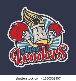 Colorful college badge with character of smiling cheerleader brush holding pom-poms in vintage style isolated vector illustration