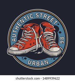 Colorful college footwear round badge with pairs of sneakers in vintage style isolated vector illustration