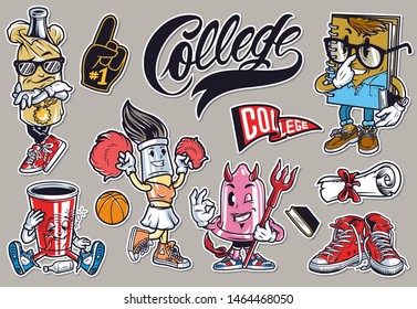 Colorful college funny vintage composition with College lettering fan glove diploma scroll sneakers cute characters of notebook condom paper cup bottle brush isolated vector illustration