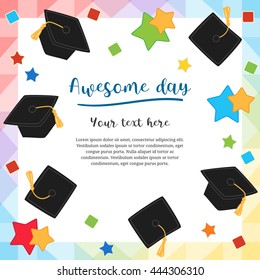 Colorful college graduation day card illustration design with flying graduation caps