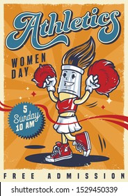 Colorful college poster with character of cute cheerleader brush holding pom-poms in vintage style vector illustration