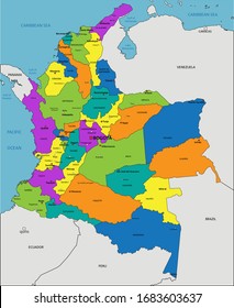 Colorful Colombia political map with clearly labeled, separated layers. Vector illustration.