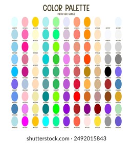 Colorful color palette with hex codes for web banner design or site template, or cute stickers and kids illustration. Full color spectrum.