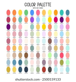 Colorida paleta de colores con códigos hexadecimales para ilustración infantil, libros o póster