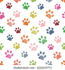 Colorful color trends 2023 paw prints seamless fabric design pattern