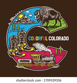 Colorful Colorado Iconic Landmarks Illustration