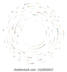 Colorful, colored random circles, dots, speckles and freckles concentric, circular and radial element. Pointillist, pointillism random polychrome halftone circles