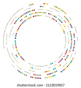 Colorful, colored random circles, dots, speckles and freckles concentric, circular and radial element. Pointillist, pointillism random polychrome halftone circles
