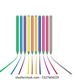 colorful colored sets of line markers writing on paper, long colored lines stretching into the distance isolated on white background