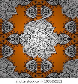 Colorful colored tile mandala on a white, orange and black colors. Boho abstract seamless pattern. Unusual vector ornament decoration. Intricate floral design element for wallpaper, gift paper, fabric