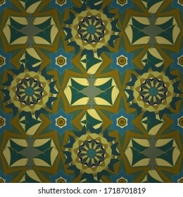 Colorful colored tile mandala on a yellow, blue and brown colors. Boho abstract seamless pattern. Intricate floral design element for wallpaper, gift paper, fabric. Unusual vector ornament decoration.