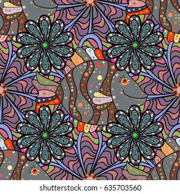 Colorful colored tile mandala on a green background. Intricate floral design element for wallpaper, gift paper, fabric print. Boho abstract seamless pattern. Unusual vector ornament decoration.
