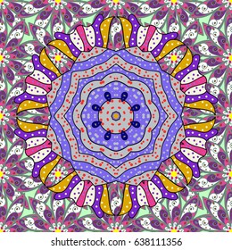 Colorful colored tile mandala on a blue background. Unusual vector ornament decoration. Intricate floral design element for wallpaper, paper, fabric print, furniture. Boho abstract seamless pattern.