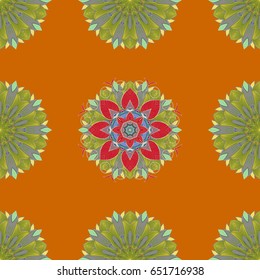 Colorful colored tile mandala on a orange background. Intricate floral design element for wallpaper, paper, fabric print, furniture. Boho abstract seamless pattern. Unusual vector ornament decoration.