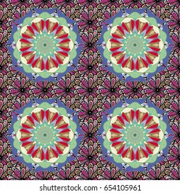 Colorful colored tile mandala on a colorful background. Boho abstract seamless pattern. Unusual ornament decoration. Intricate floral design element for wallpaper, gift paper, fabric print, furniture.