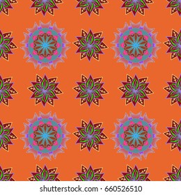 Colorful colored tile mandala on a background. Intricate floral design element for wallpaper, gift paper, fabric print, furniture. Boho abstract seamless pattern. Unusual vector ornament decoration.