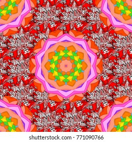 Colorful colored tile mandala on a pink, orange and red colors. Vector decoration. Intricate floral design element for wallpaper, gift paper, fabric print, furniture. Boho abstract seamless pattern.
