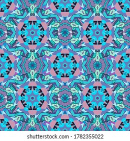 Colorful colored tile on a violet, neutral and blue colors. Unusual vector ornament. Boho abstract seamless pattern. Intricate floral design element for wallpaper, gift paper, fabric print, furniture.