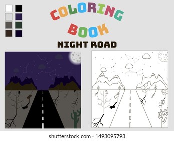 Colorful coloring book for kids and adult for education and fun. with palette of using colors. Travelling theme, simply cartoon vector illustration . Colouring page with night theme road, moon, threes