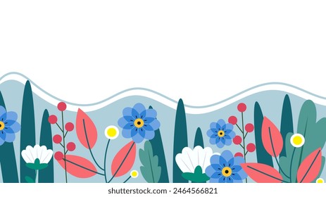 Colorful colourful vector beautiful spring background with hand drawn flowers and leaves. Vector summer background with vegetation, flower, and leaf for poster, banner
