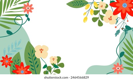 Colorful colourful vector beautiful spring background with hand drawn flowers and leaves. Vector summer background with vegetation, flower, and leaf for poster, banner