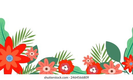 Colorful colourful vector floral hello spring concept background. Vector summer background with vegetation, flower, and leaf for poster, banner