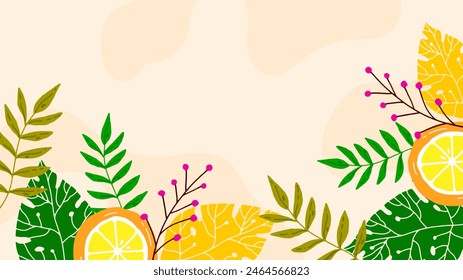 Colorful colourful vector floral hello spring concept background. Vector summer background with vegetation, flower, and leaf for poster, banner, and presentation