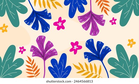 Colorful colourful vector illustrated floral spring background with flowers and leaves. Vector summer background with vegetation, flower, and leaf for poster, banner, and presentation