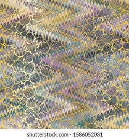 Colorful combed hand marbled paper texture with gold foil bubbles on top. Seamless repeat vector pattern swatch.