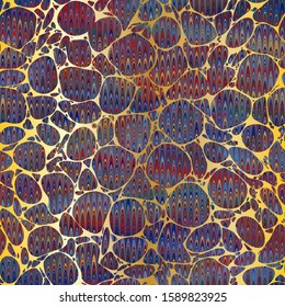 Colorful combed hand marbled paper texture with gold foil bubbles on top. Seamless repeat vector pattern swatch.