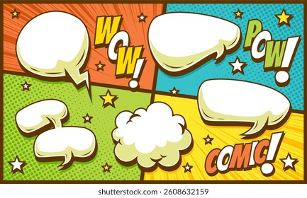 Colorful comic art background in cartoon style with blank speech bubble