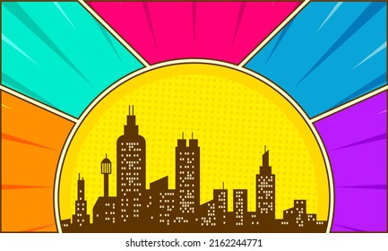 Colorful comic background with city silhouette