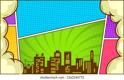 Colorful comic background with city silhouette