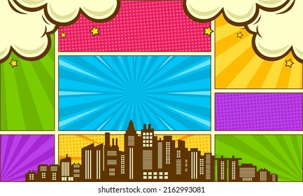 Colorful comic background with city silhouette and cloud 