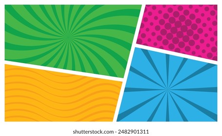 Bunter Comic-Hintergrund mit Radial-, Halbton- und Strahleffekten. Vektorillustration