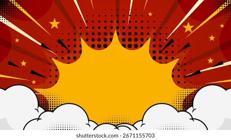 colorful comic background red and yellow halftone and clouds .abstract background.vector 