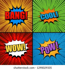 Colorful comic backgrounds collection with speech bubbles Bang Cool Wow Pow wordings halftone radial and rays effects. Vector illustration