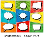 Colorful comic book background with blank white speech bubbles of different shapes in pop-art style. Rays, radial, halftone, dotted effects. Vector illustration