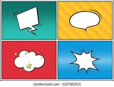 Colorful comic book background with blank white speech bubbles of different shapes. Vector illustration in pop art style.