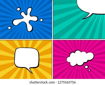 Colorful comic book background with blank white speech bubbles of different shapes. Vector illustration in comic style.