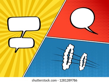 Colorful comic book background.
Blank white speech bubbles of different shapes. Rays, radial, halftone, dotted effects. Vector illustration in pop art style