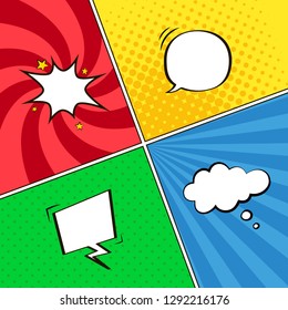 Colorful comic book background with blank white speech bubbles of different shapes. Vector illustration in pop art style.